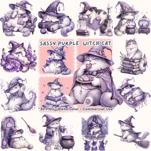 May include: A collection of watercolor illustrations featuring whimsical purple witch cats. The cats are depicted in various poses, wearing witch hats and cloaks, and interacting with magical objects. The text "Sassy Purple Witch Cat" is displayed.