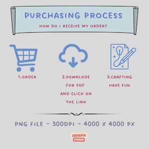 May include: A blue illustration of a shopping cart, a cloud with a downward arrow, and a lightbulb with a pencil. The text "PURCHASING PROCESS" is at the top of the image. The text "HOW DO I RECEIVE MY ORDER?" is below the title. The text "1. ORDER" is below the shopping cart. The text "2. DOWNLODE FOR PDF AND CLICK ON THE LINK" is below the cloud. The text "3. CRAFTING HAVE FUN" is below the lightbulb. The text "PNG FILE - 300DPI - 4000 x 4000 PX" is at the bottom of the image. The text "JIDAPA STUDIO" is below the PNG file information.