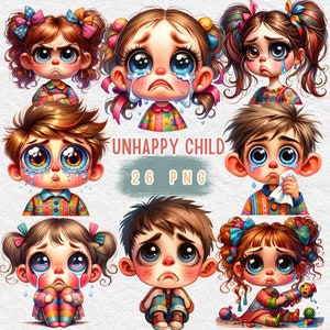 Niña infeliz, imágenes prediseñadas de personas tristes, niño infeliz, imágenes prediseñadas de emociones infantiles de acuarela, niños imprimibles, baby shower, uso comercial