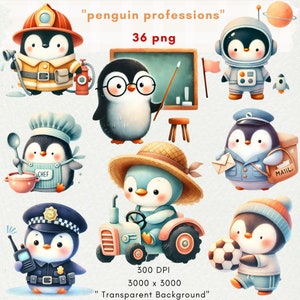 Puede incluir: Una colección de ilustraciones en acuarela que presentan pingüinos en diversas profesiones. Los pingüinos se representan como bombero, profesor, astronauta, chef, granjero, cartero, policía y futbolista. La imagen incluye el texto "penguin professions" y "36 png".