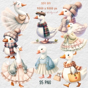 May include: Set of seven digital illustrations of cute cartoon geese wearing winter clothing. The geese are wearing hats, scarves, and sweaters. The illustrations are in a cartoon style and are perfect for use in digital scrapbooking, card making, or other craft projects.