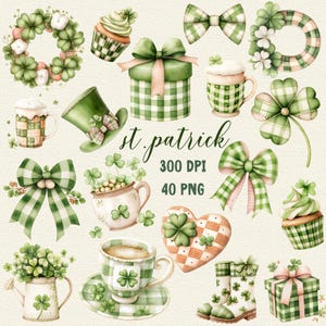 May include: A set of 40 St. Patrick's Day digital clipart images featuring green shamrocks, cupcakes, teacups, a heart, a gift box, a hat, a wreath, a watering can, rain boots, and a mug. The images are in a watercolor style and have a green and white checkered pattern.