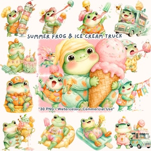May include: A collection of watercolor illustrations featuring adorable green frogs enjoying ice cream. The frogs are depicted in various summer scenes, including an ice cream truck and lounging on floats. The text "SUMMER FROG & ICE CREAM TRUCK" is visible.
