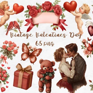 Vintage Valentines Day Clipart, Red Valentine Clipart, Vintage Valentine PNG, Vintage Cupid PNG, Valentines Teddy Bear PNG, Retro Valentine