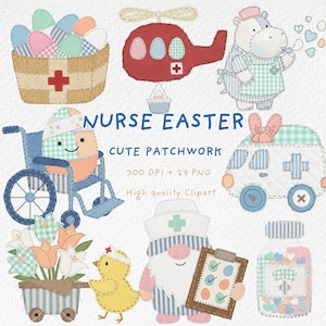 Nurse Easter Patchwork Clipart, Healthcare Bunny PNG, Cute Nurse Gnome Easter Egg, Medical Kids Art