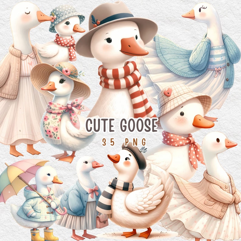 May include: A set of 35 digital illustrations of cute cartoon geese wearing various outfits and accessories. The geese are in different poses and have different expressions. The illustrations are perfect for use in digital scrapbooking, card making, and other creative projects.