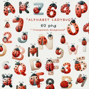 Alphabet Ladybug Clipart, Love Bug clipart, fuente Ladybug, alfabeto Ladybug, fuente, carta, tarjeta para niños, decoración infantil, mariquita de primavera,