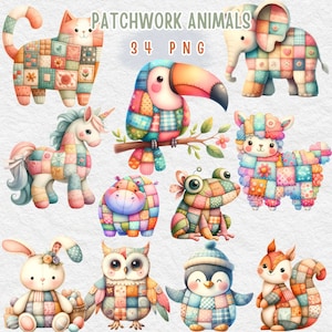 Patchwork dierlijke clipart, Patchwork Clipart, Patchwork Dieren, Aquarel Patchwork, Instant Digitale Download, Onbeperkt commercieel gebruik