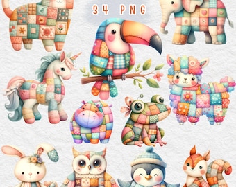 Watercolor Patchwork Animal Clipart: 34 PNG Files (Digital Download)