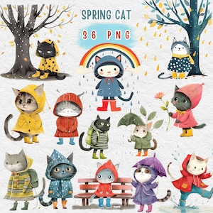 Frühlingskatze, süße Katze Clipart, Katzenschirmchen, Katze im Regenmantel, Regnerischer Tag, süße schwarze Katze, Katzen Clipart, Kinderzimmerdeko, süße Tiere