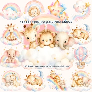May include: A collection of watercolor illustrations featuring baby animals including giraffes, lions, and elephants on clouds and rainbows. The text reads SAFARI TRIO ON RAINBOW CLOUD and 30 PNG Watercolor Commercial Use on a light background.