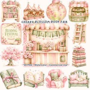 30 Cherry Blossom Book Fair Clipart PNG, Mysig vår Academia, Rosa Sakura Tree Bokstapelbänk, Akvarell Bibliotekbiljett, Kommersiellt Bruk