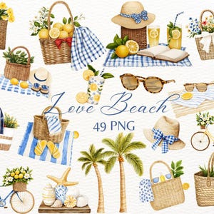 Puede incluir: Una colección de 49 ilustraciones digitales con temática de playa, que incluyen palmeras, bolsos de playa, gafas de sol, limones, una bicicleta, una estrella de mar y un sombrero de paja con una cinta de cuadros azules y blancos. El texto "Love Beach 49 PNG" está escrito en una fuente cursiva.