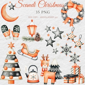 Pakiet Scandi Christmas Clipart | Minimalistyczne skandynawskie ilustracje świąteczne | Nordyckie dekoracje świąteczne, drzewa, ozdoby i ikony zimowe
