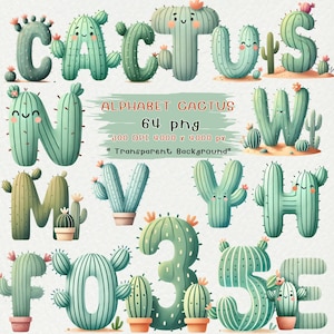 Alfabetos y números de cactus clipart, alfabeto de cactus, fuente suculenta, imágenes prediseñadas suculentas, imágenes prediseñadas de cactus, fuente de cactus, PNG occidental de acuarela