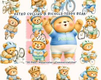 30 Cycling Teddy Bear Clipart, Retro Bicycle PNG, Mint Green Sky Blue Earthy Tan, Wheely Fun Birthday Art, Commercial Use