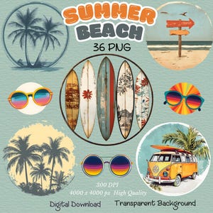 Retro van , vintage surfboard , vintage summer , Sunset Clipart ,beach palm trees , mountain logos , camping logo , circle sunset retro