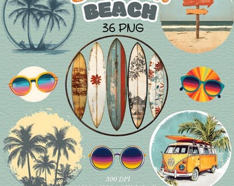 Summer Beach Clipart: Retro Van, Surfboard PNG (Digital Download)