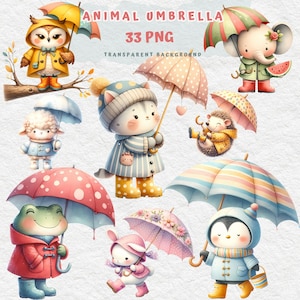 Animales bajo la lluvia, Animal con paraguas, Animales en impermeable Clipart, Día lluvioso, Temporada de amor PNG, Decoración de vivero, paraguas de animales, Animales lindos