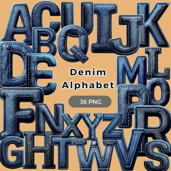 デニムアルファベットクリップアート：ジーンズ A～Z、数字 0～9（PNG
