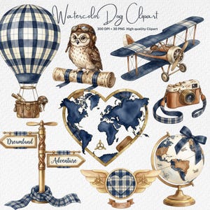 Vintage flygakvarell clipart, preppy reseäventyr, luftballongflygplanskarta uggla PNG, klassisk babyinbjudan