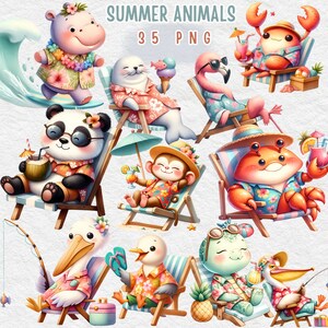 Animali spiaggia, clipart animali estivi, clipart acquerello hawaiano animale, decorazioni murali, creazione di cartoline, decorazioni per la scuola materna, simpatici animali