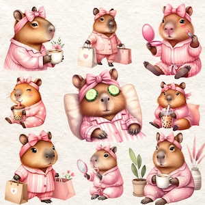 May include: Nine illustrations of capybaras wearing pink pajamas and engaging in various activities, such as drinking tea, applying makeup, and relaxing in a spa setting.