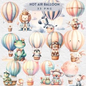 hot air balloon, Cute Animals Clipart, Watercolor hot air balloons clipart, it's a boy png, nursery wall decor, baby boy, digital download