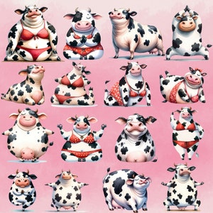 May include: A colorful illustration of 14 cows in various yoga poses. The cows are all wearing different colored bras and underwear. The background is a light pink.