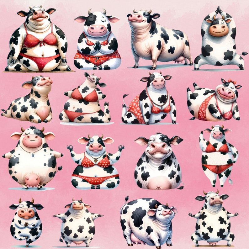 May include: A colorful illustration of 14 cows in various yoga poses. The cows are all wearing different colored bras and underwear. The background is a light pink.