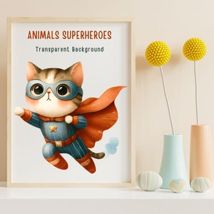 Op de afbeelding: Een ingelijst print met een cartoonkat die is verkleed als superheld, vliegend met een rode cape. De print heeft de tekst "ANIMALS SUPERHEROES Transparent Background".