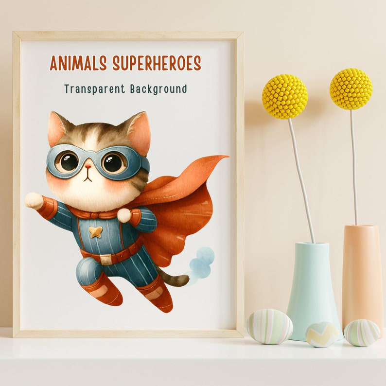 Op de afbeelding: Een ingelijst print met een cartoonkat die is verkleed als superheld, vliegend met een rode cape. De print heeft de tekst "ANIMALS SUPERHEROES Transparent Background".