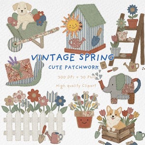Peut inclure: Collection de cliparts patchwork vintage sur le thème du printemps. Comprend une brouette avec un chiot, un nichoir avec un soleil, une échelle avec des fleurs en pot, un escargot avec un cadeau, une clôture avec des fleurs, un pot d'abeilles, un éléphant et un corgi dans une boîte en bois.