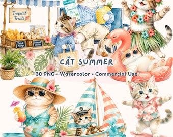 Tropical Cat Clipart PNG | Watercolor Vacation Cat | Beach Cat Clipart | Summer Cat PNG | Preppy Cat Watercolor | Cute Cat Clipart