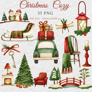 Kerst gezellige clipartbundel | Warme feestelijke vakantie-illustraties | Warme cacao, truien, kaarsen Winterdecor voor kaarten en knutselen