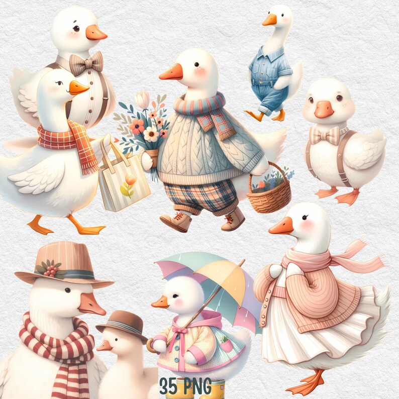 May include: A collection of nine cartoon geese with different outfits and accessories. The geese are wearing hats, scarves, sweaters, and dresses. Some of the geese are holding umbrellas, baskets, and bags. The geese are all standing on a white background.