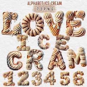 May include: Alphabet ice cream letters and numbers in a 3D style. The letters are made of white and brown frosting with a waffle cone texture. The letters are dripping with frosting. The letters are L, O, V, E, I, C, E, C, R, A, M, 1, 2, 3, 4, 5, 6.