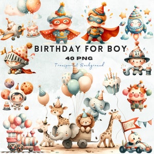 Birthday Party Clipart Bundle, Boy Birthday Clipart, Happy Birthday PNG, Cake Presents Balloons, Baby Animals, Paper Crafts, Sublimation