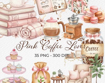Può includere: Illustrazione ad acquerello a tema caffè nei toni del rosa e del marrone. Include una caffettiera, un macinacaffè, libri, una tazza, macarons e un sacco di chicchi di caffè. Il testo "Pink Coffee Lover" è visualizzato.