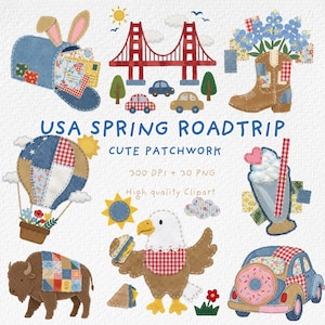 May include: A collection of patchwork illustrations with a USA Spring Roadtrip theme. Includes a mailbox with bunny ears, the Golden Gate Bridge, a cowboy boot with flowers, a hot air balloon, a milkshake, a car, a bison, and an eagle.