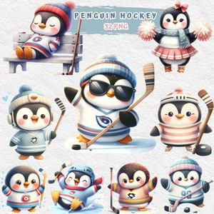Könnte beinhalten: Ein Set mit 10 Cartoon-Pinguin-Illustrationen, die Hockeytrikots tragen und Hockeyschläger halten. Die Pinguine befinden sich in verschiedenen Posen, darunter Schlittschuhlaufen, Sitzen und Stehen. Die Illustrationen sind im Cartoon-Stil gehalten und eignen sich perfekt für die Verwendung in einer Vielzahl von Projekten, wie z. B. Grußkarten, Scrapbooking und digitalem Design.