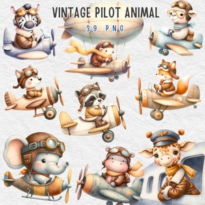 Imágenes Prediseñadas de piloto vintage, imágenes prediseñadas de avión vintage, imágenes prediseñadas de animales lindos, animales piloto lindos, arte de vivero de aviones, niño, descarga digital