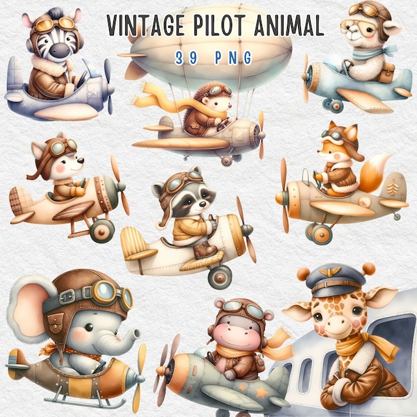 vintage pilot Clipart, Vintage Plane Clipart, Cute Animals Clipart, Cute Pilot Animals, Airplane Nursery Art, baby boy, digital download