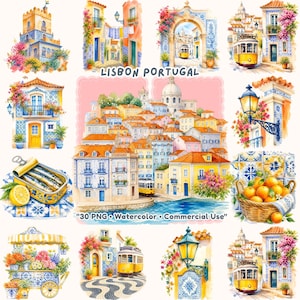 Op de afbeelding: Een verzameling aquarelillustraties van Lissabon, Portugal, met gele trams, betegelde gebouwen, bloemenaccenten, een mand met sinaasappels en een blikje sardines. De tekst luidt LISBON PORTUGAL en 30 PNG Watercolor Commercial Use.