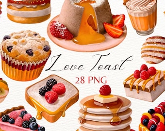 Watercolor Breakfast Clipart: French Toast, Pancakes, Jam (PNG, PDF)
