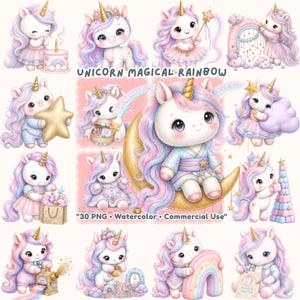 May include: A collection of watercolor illustrations featuring adorable unicorns with pastel manes and golden horns. The unicorns are depicted in various poses, some holding stars, rainbows, and cakes. The text "UNICORN MAGICAL RAINBOW" is visible.
