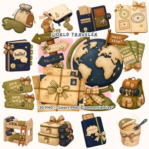 May include: A collection of travel-themed digital illustrations featuring a globe, directional signs, passports, luggage, a backpack, bunk beds, and tickets in shades of navy blue, olive green, and cream, with the text WORLD TRAVELER and 30 PNG.