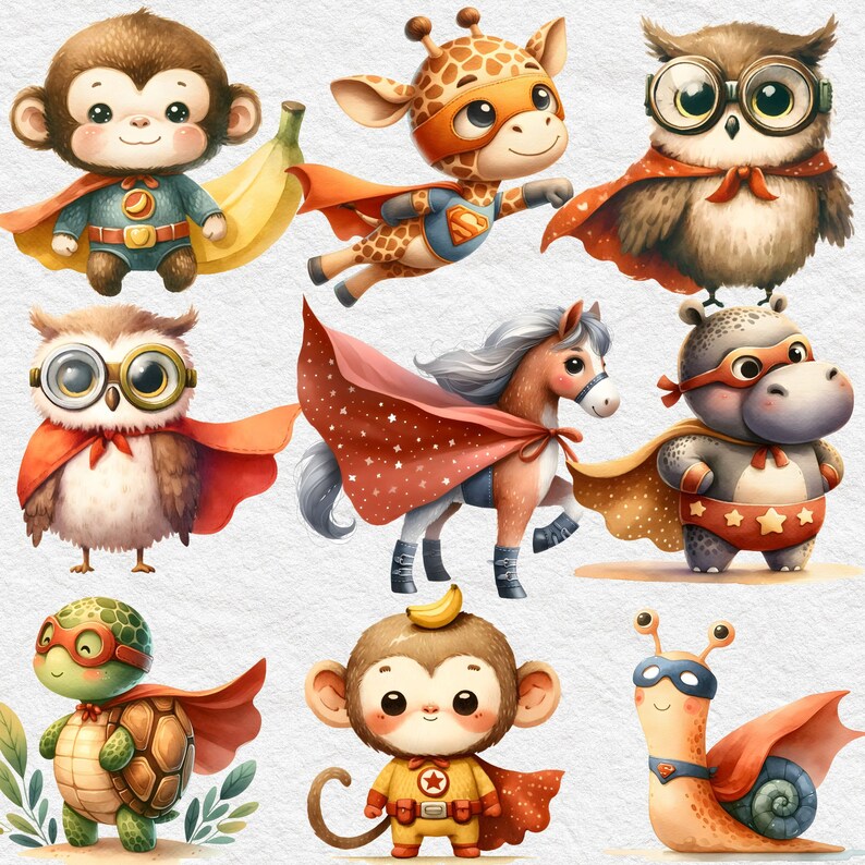 Op de afbeelding: Een verzameling schattige dierenpersonages verkleed als superhelden. De personages omvatten een aap, een giraffe, een uil, een paard, een nijlpaard, een schildpad, een aap en een slak. Elk personage draagt een cape en heeft een uniek superheldenontwerp.