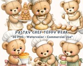 30 Watercolor Pastry Chef Teddy Bear Clipart, Cute Baking Bear PNG, Sweet Bakery Graphics, Kitchen Planner Art, Commercial Use