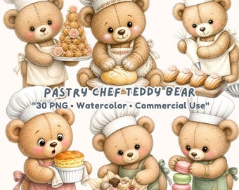 30 Watercolor Pastry Chef Teddy Bear Clipart, Cute Baking Bear PNG, Sweet Bakery Graphics, Kitchen Planner Art, Commercial Use